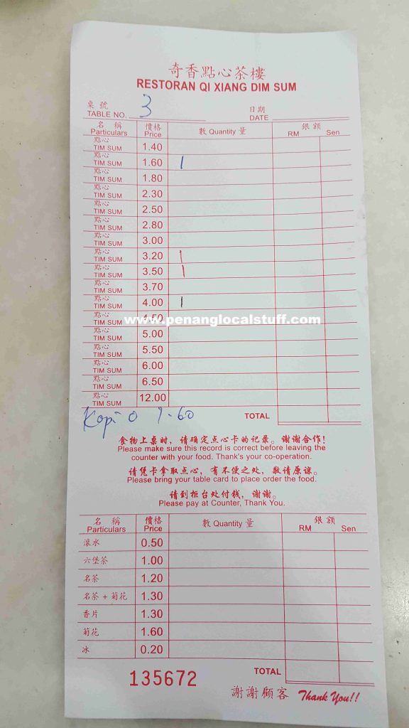 Qi Xiang Dim Sum Restarant Order Form