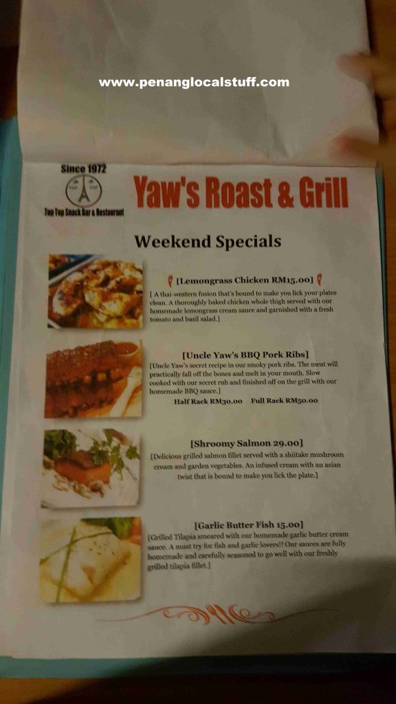 Yaw's Roast & Grill Penang Local Western Food Menu